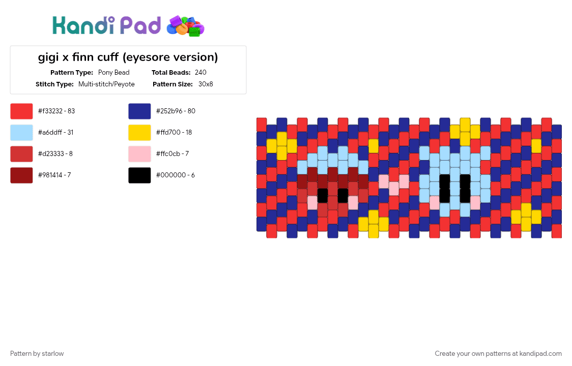 gigi x finn cuff (eyesore version) - Pony Bead Pattern by -fxnn on Kandi Pad - purple, red