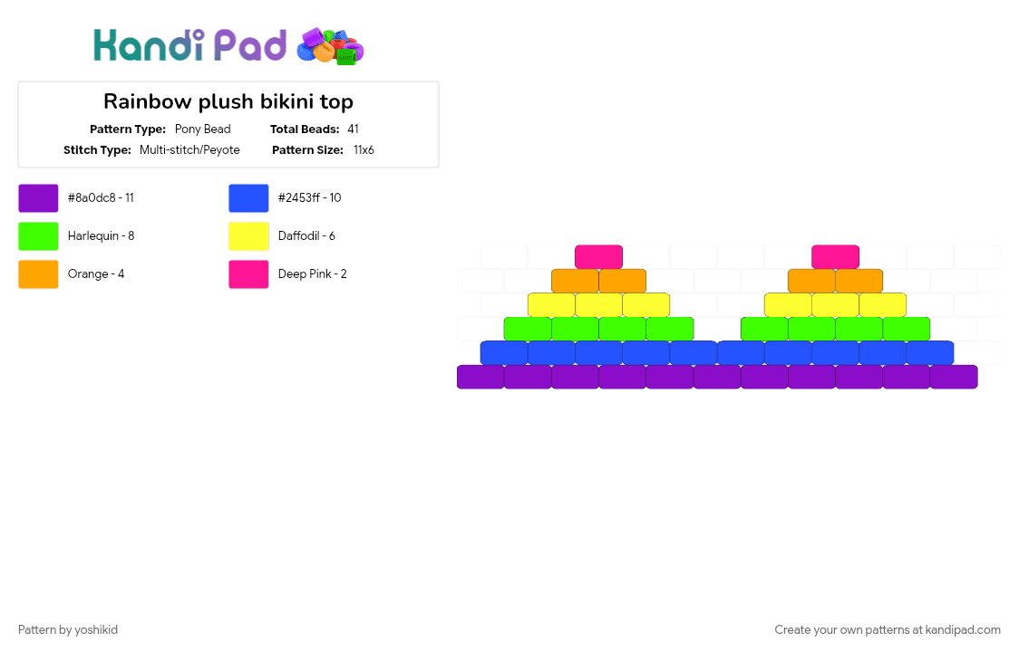 Rainbow plush bikini top - Pony Bead Pattern by lumalee on Kandi Pad - blue, green, purple
