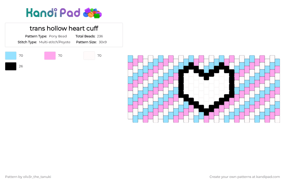 trans hollow heart cuff - Pony Bead Pattern by oliv3r_the_tanuki on Kandi Pad - light blue,pink
