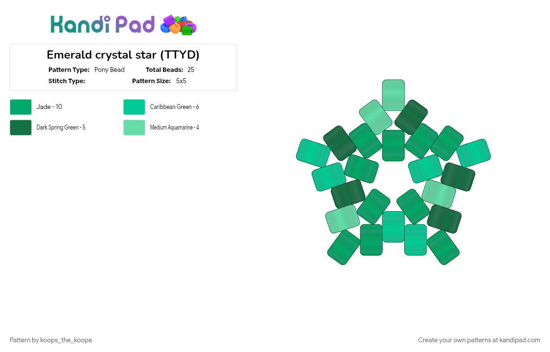 Emerald crystal star (TTYD) - Pony Bead Pattern by starlow on Kandi Pad - green, teal