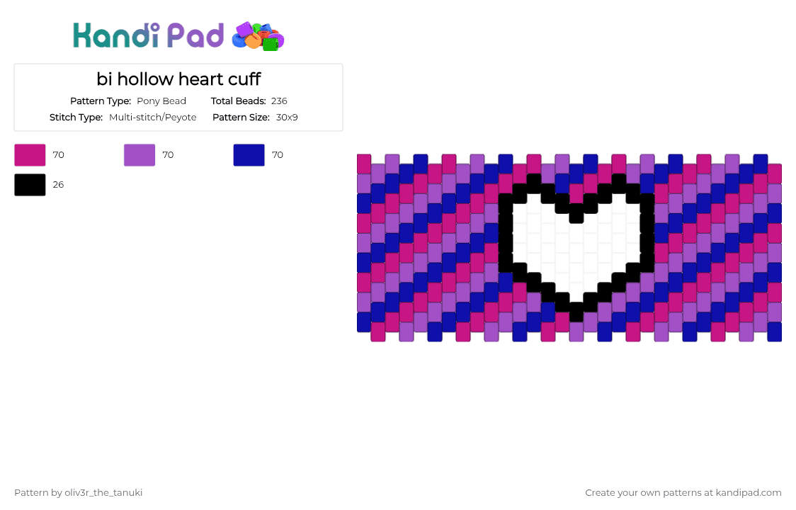 bi hollow heart cuff - Pony Bead Pattern by oliv3r_the_tanuki on Kandi Pad - pink,purple