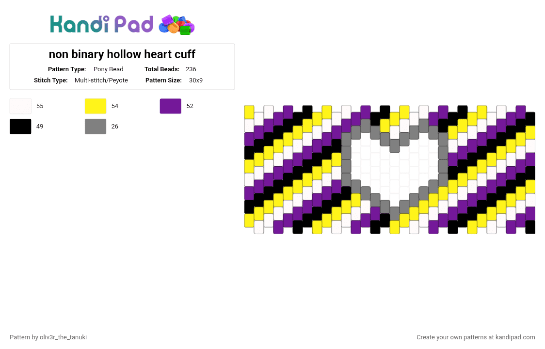 non binary hollow heart cuff - Pony Bead Pattern by oliv3r_the_tanuki on Kandi Pad - yellow,purple,pride,enby,non binary,trans,lgbtq,cuff,multistitch,heart