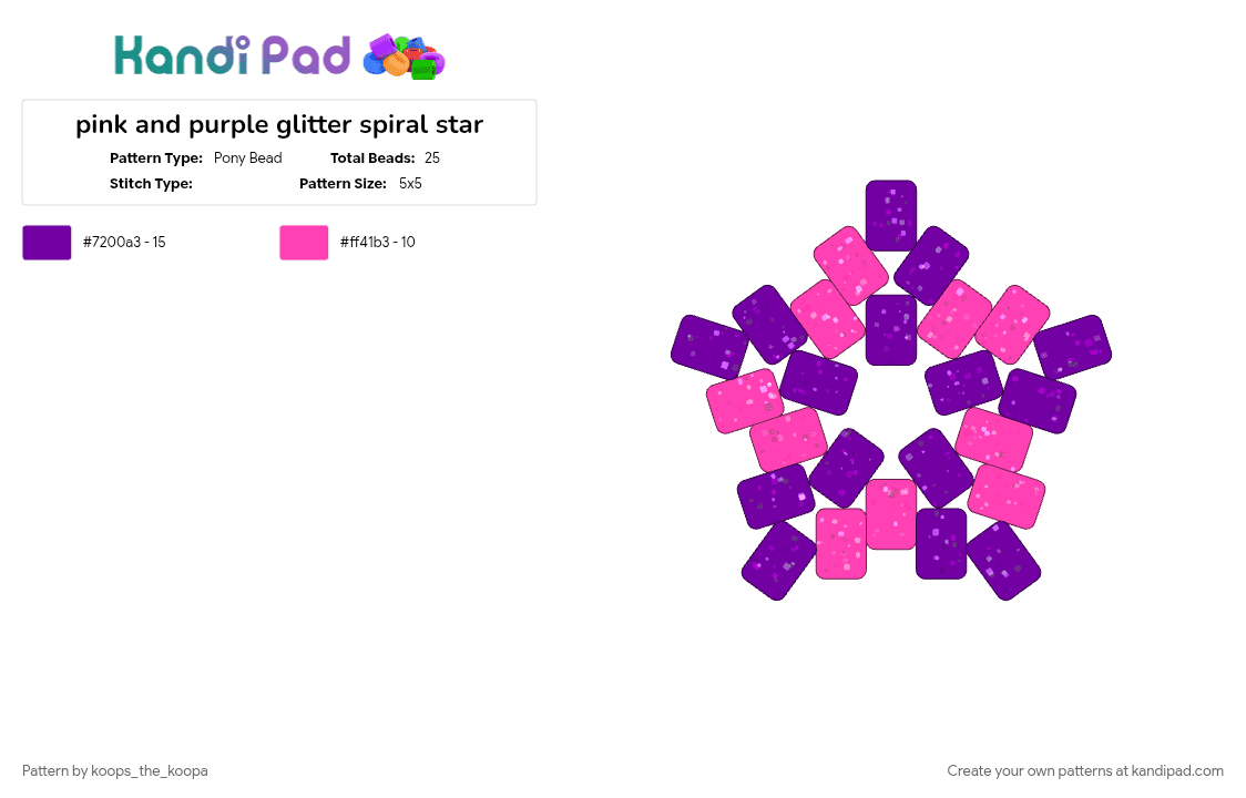 pink and purple glitter spiral star - Pony Bead Pattern by koops_the_koopa on Kandi Pad - pink, purple