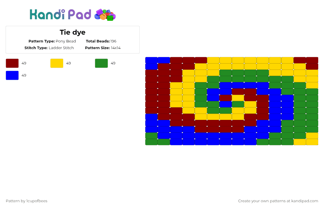 Tie dye - Pony Bead Pattern by 1cupofbees on Kandi Pad - red,yellow,green,purple,blue