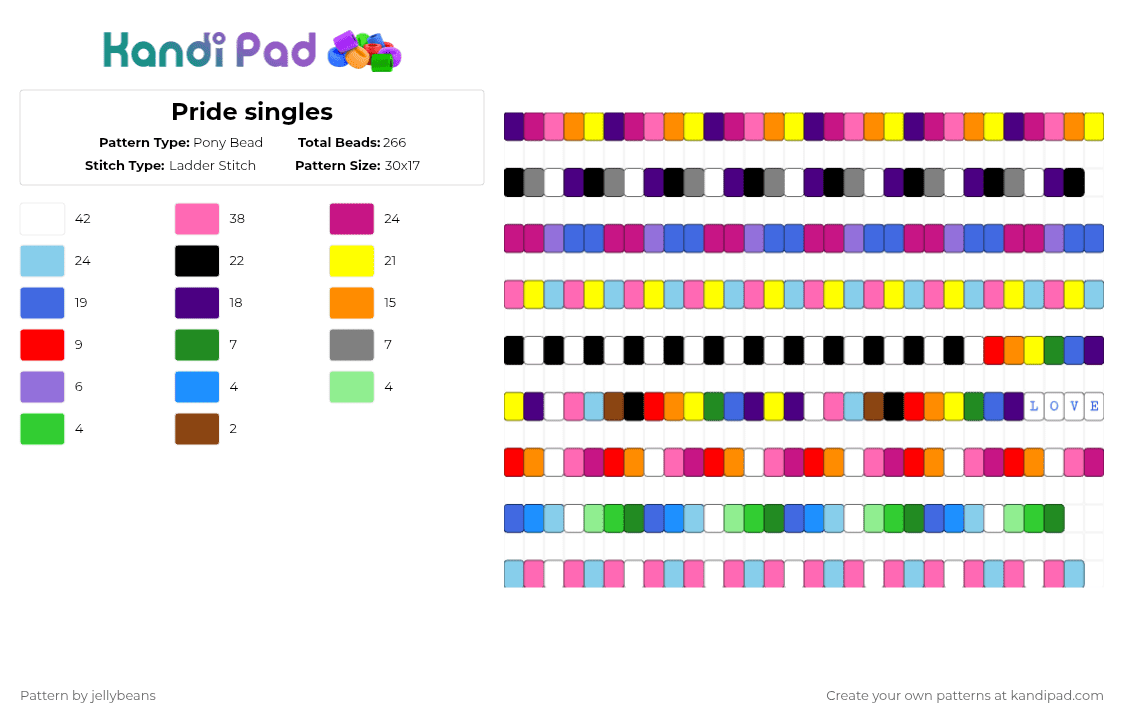 Pride singles - Pony Bead Pattern by jellybeans on Kandi Pad - pink,purple,blue,colorful,pride,love,lesbian,ally,pan,bi,pride progress flag,rainbow