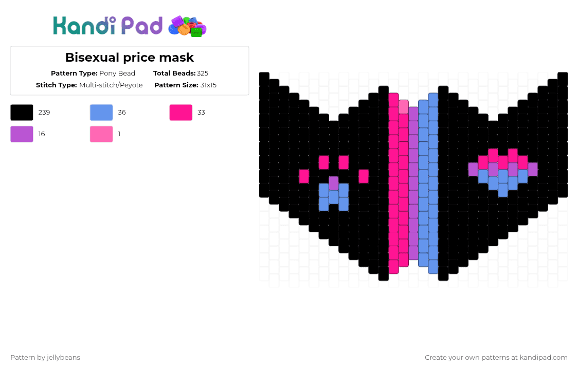 Bisexual pride mask - Pony Bead Pattern by jellybeans on Kandi Pad - black,light blue,pink,bisexual,bi,mask,pride,blue,purple