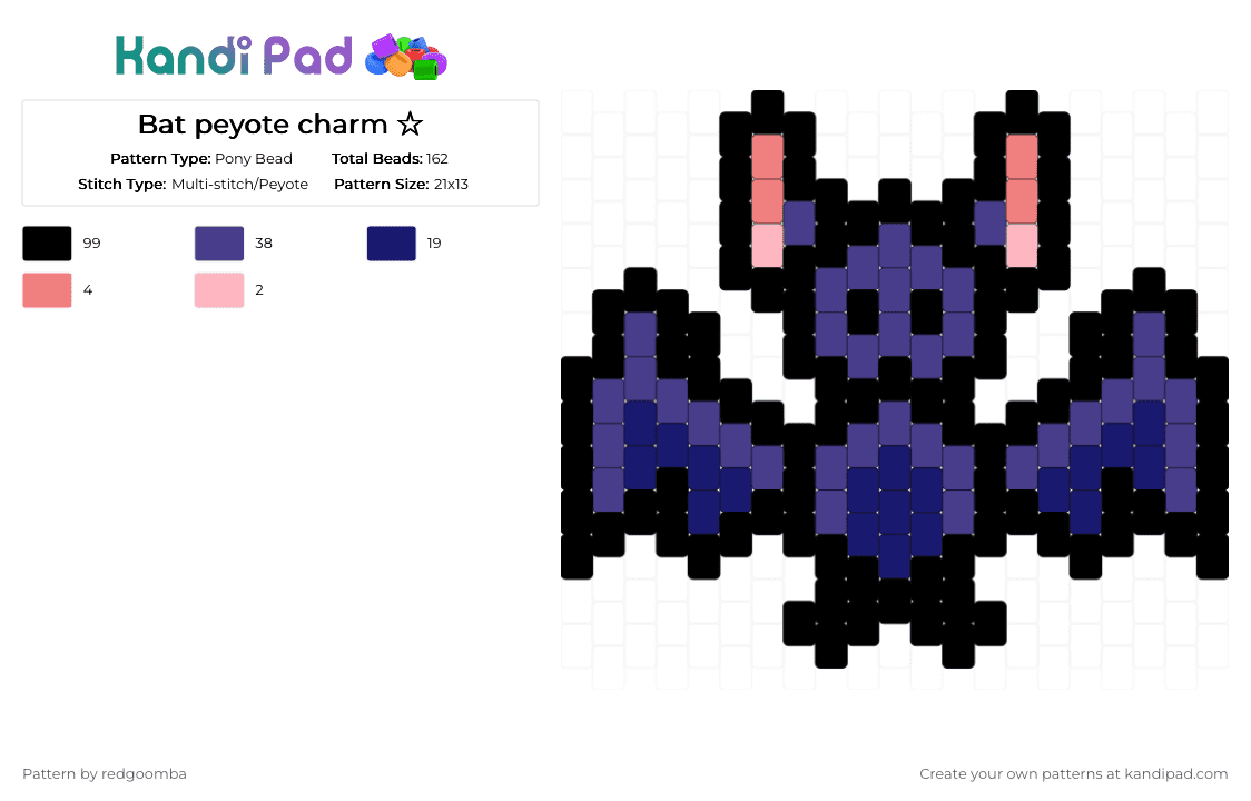 Bat peyote charm ☆ - Pony Bead Pattern by redgoomba on Kandi Pad - black,purple,cotdbats,bat,blue,peyotecharm,cute,animal