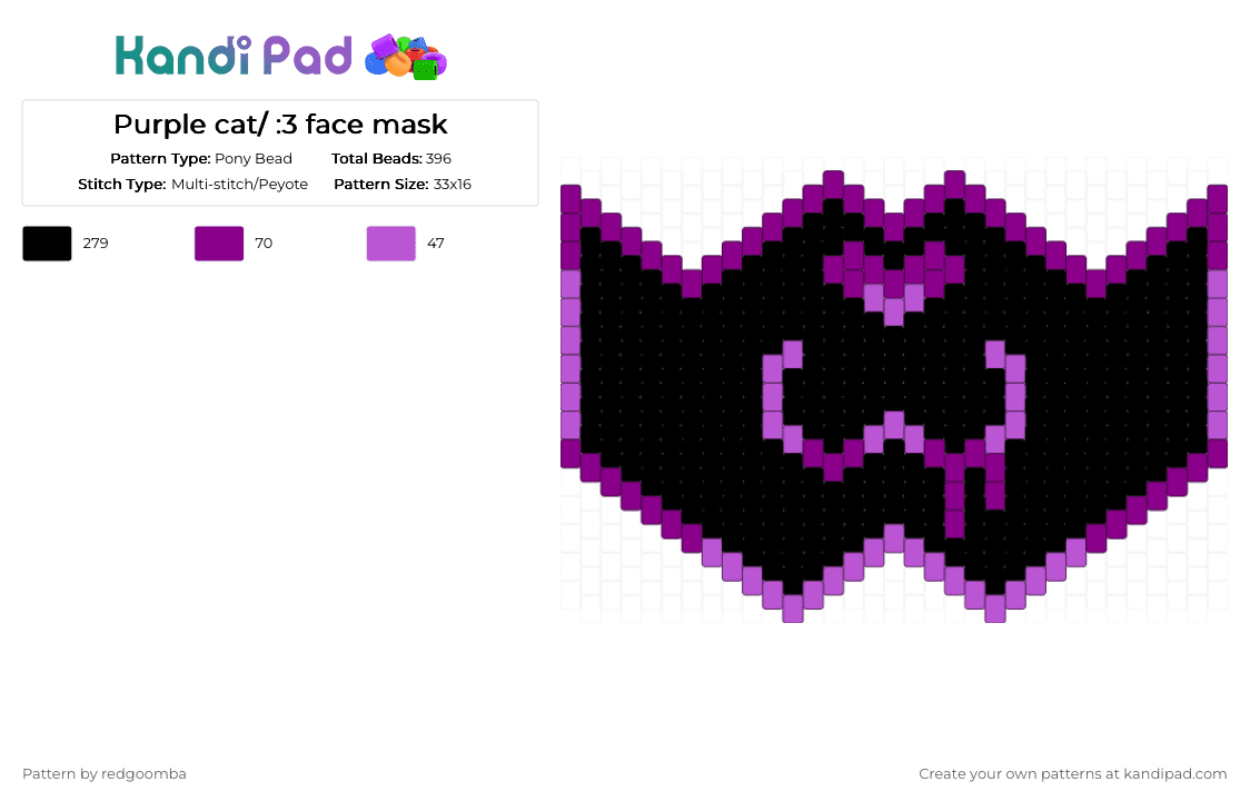 Purple cat/ :3 face mask - Pony Bead Pattern by redgoomba on Kandi Pad - pink,black,purple,cat,animal,mask,kandi