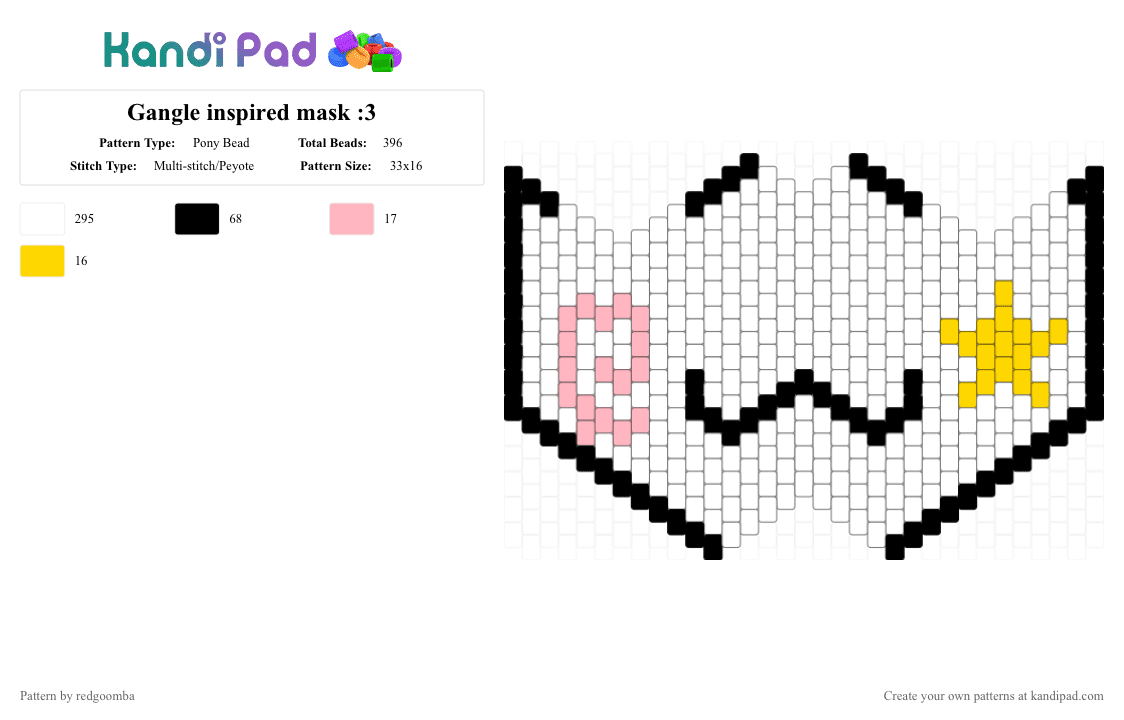 Gangle inspired mask :3 - Pony Bead Pattern by redgoomba on Kandi Pad - white,pink,yellow,gangle,tadc,mask