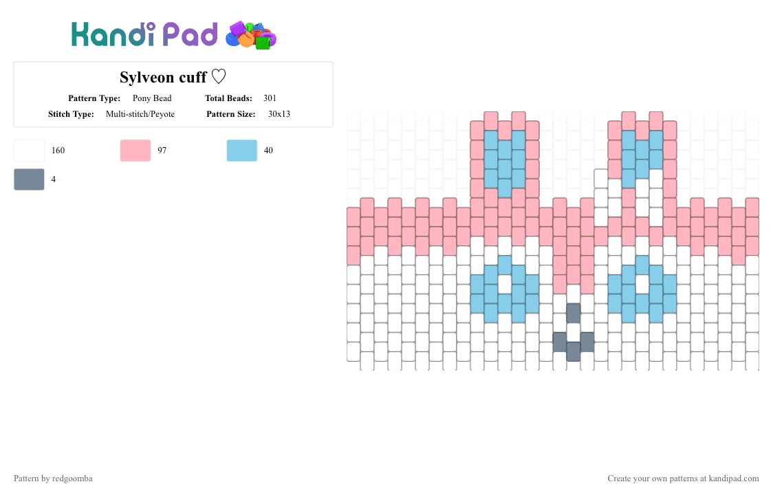Sylveon cuff ♡ - Pony Bead Pattern by redgoomba on Kandi Pad - white,pink,sylveon,pokemon,cute,blue,pastel,eevee,eeveelution