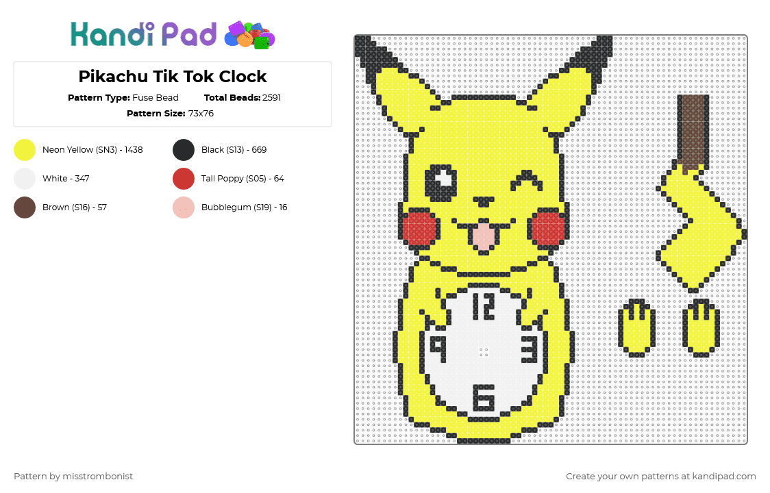 Pikachu Tik Tok Clock - Fuse Bead Pattern by misstrombonist on Kandi Pad - pikachu,pokemon,anime,video game,clock,tiktok,cartoon,gaming,yellow
