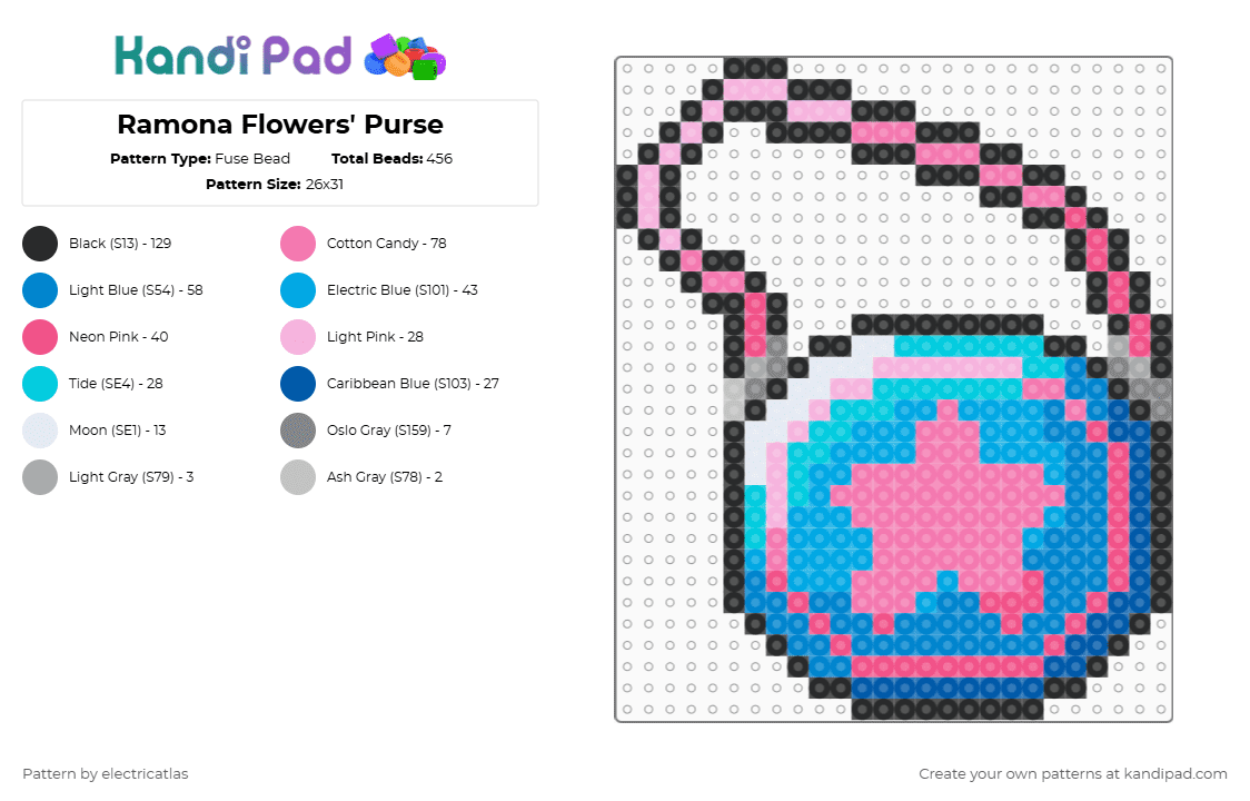 Ramona Flowers\' Purse - Fuse Bead Pattern by electricatlas on Kandi Pad - pink,light blue,blue,scott pilgrim,ramona flowers