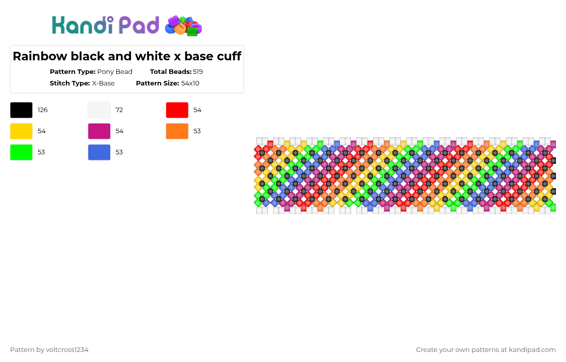 glow in the dark Rainbow black and white x base cuff - Pony Bead Pattern by voltcross1234 on Kandi Pad - orange,green,pink,colorful