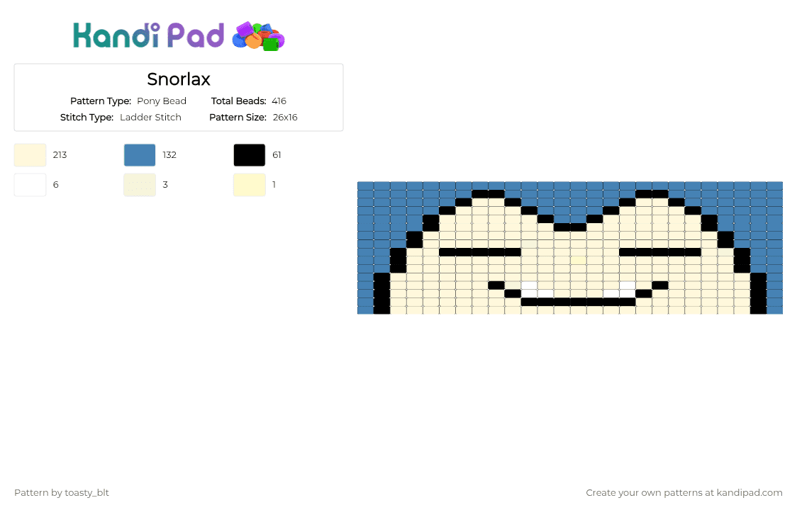 Snorlax cuff - Pony Bead Pattern by toasty_blt on Kandi Pad - white,blue,snorlax,pokemon,cuff