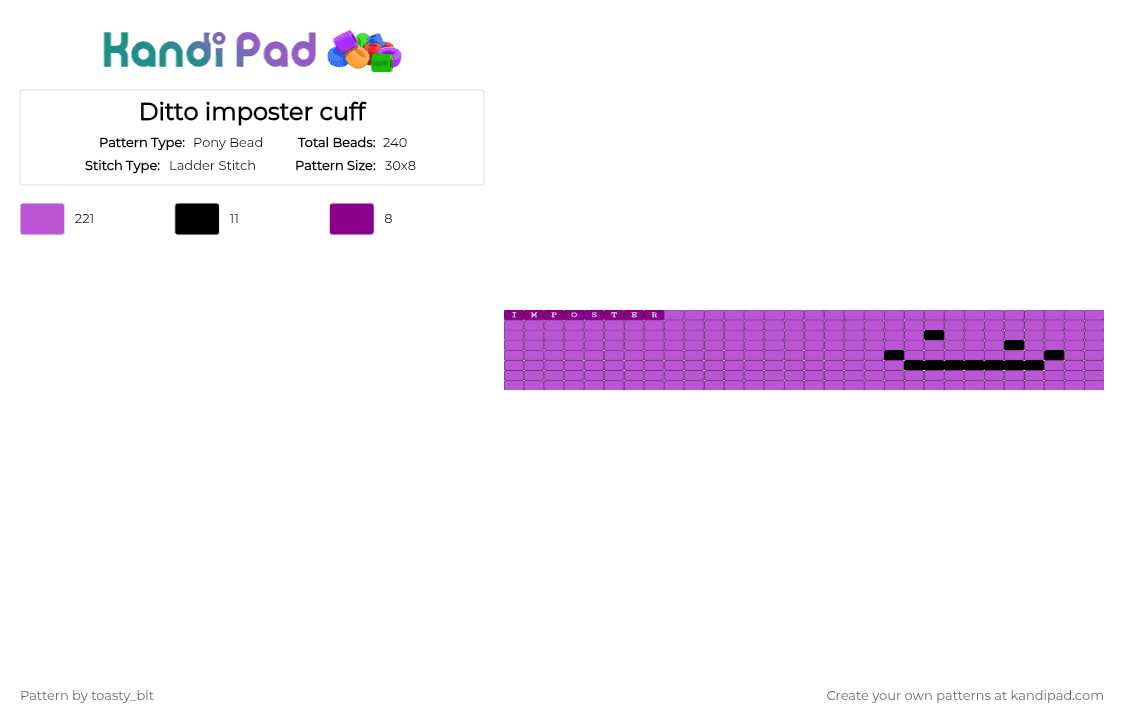 Ditto imposter cuff - Pony Bead Pattern by toasty_blt on Kandi Pad - pink,ditto,cuff,imposter,pokemon,smile,purple,face