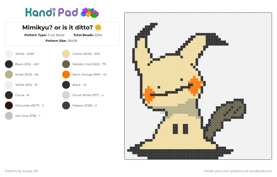 Mimikyu? or is it ditto? 🙃 - Fuse Bead Pattern by toasty_blt on Kandi Pad - white,beige,ditto,mimikyu,pokemon,ghost,fairy