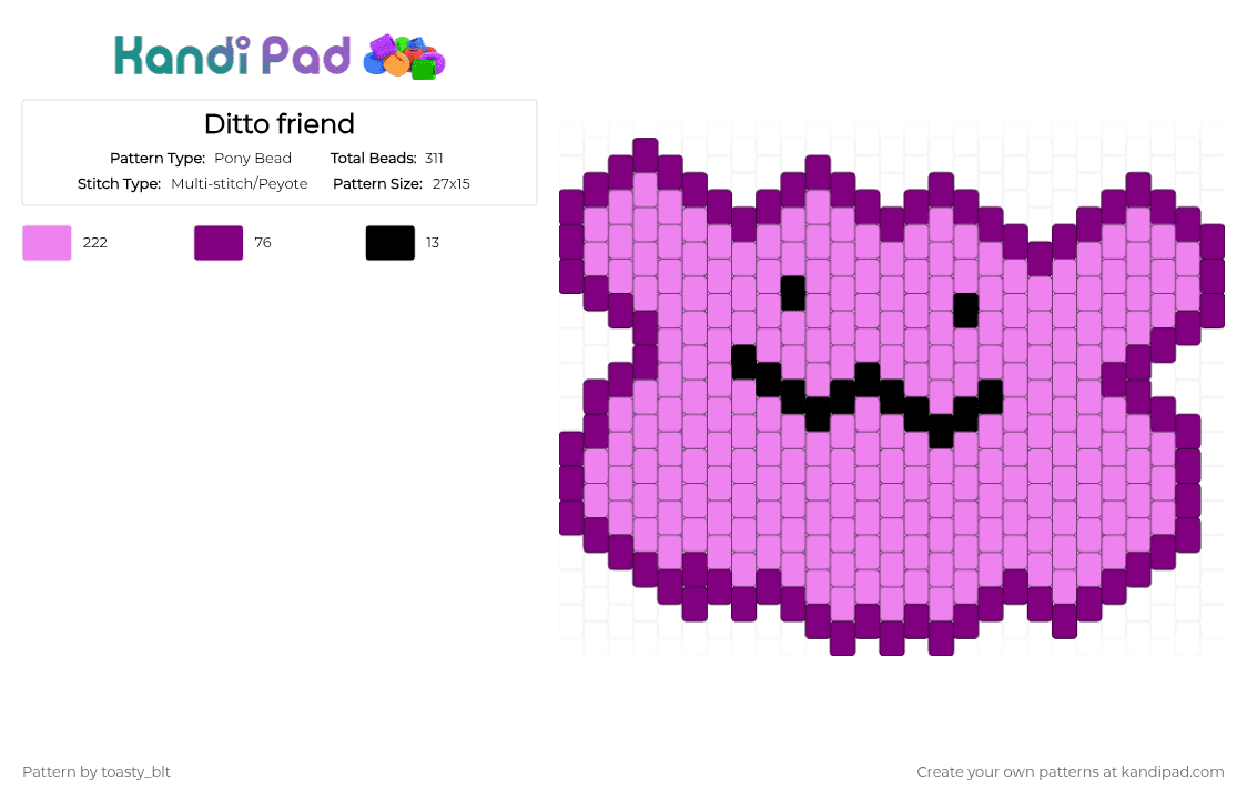 Ditto friend - Pony Bead Pattern by toasty_blt on Kandi Pad - pink,ditto,blob,purple,pokemon