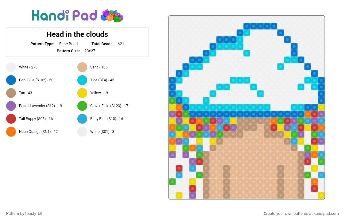 Head in the clouds - Fuse Bead Pattern by toasty_blt on Kandi Pad - white,blue,light blue,beige,cloud,clouds,trippy,head in the clouds,tripping,high,rainbow