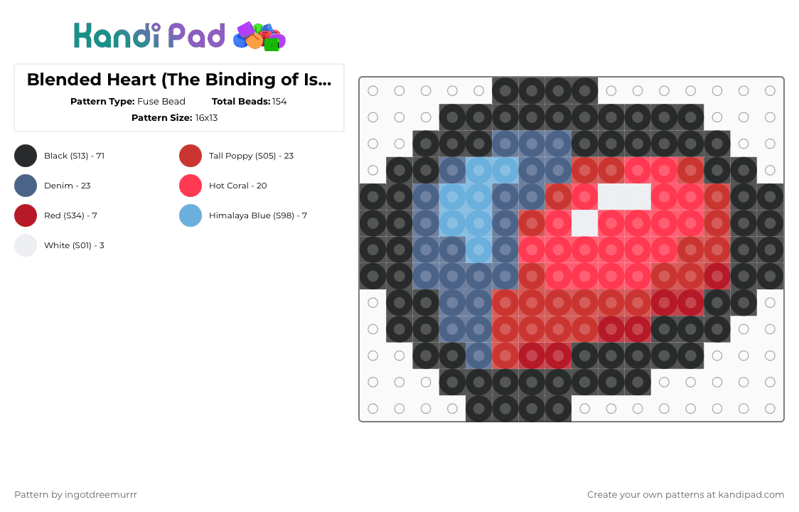 Blended Heart (The Binding of Issac) - Fuse Bead Pattern by ingotdreemurrr on Kandi Pad - red,thebindingofissac,tboi,game,item,heart,blue,half