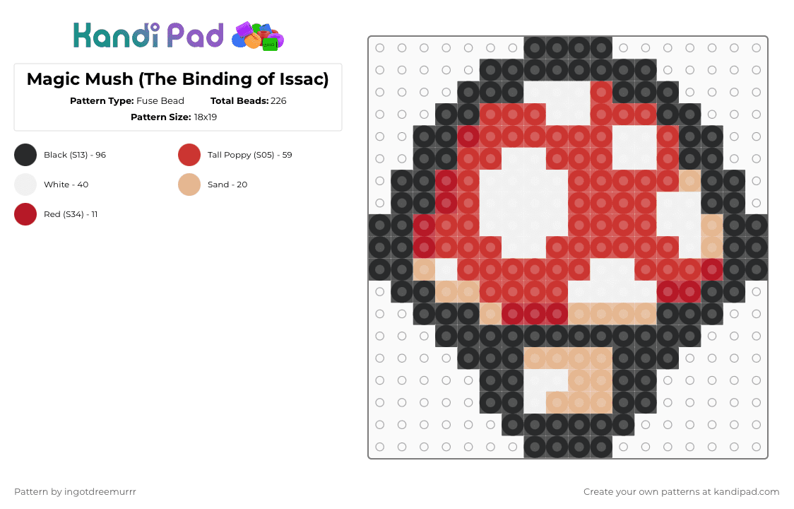 Magic Mush (The Binding of Issac) - Fuse Bead Pattern by ingotdreemurrr on Kandi Pad - red,thebindingofissac,tboi,mushroom,white,black,item,game
