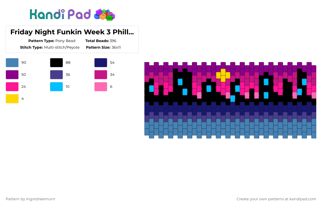Friday Night Funkin’ Week 3 Philly Skyline Multistitch Cuff - Pony Bead Pattern by ingotdreemurrr on Kandi Pad - pink,purple,blue,fridaynightfunkin,fnf,philly,philadelphia,city,skyline,cityscape