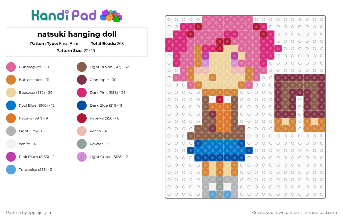natsuki hanging doll - Fuse Bead Pattern by applejelly_a on Kandi Pad - pink,brown,tan,colorful,doki doki,ddlc,natsuki,lesbian,her dad hits her,cries,underrated,appleewsss