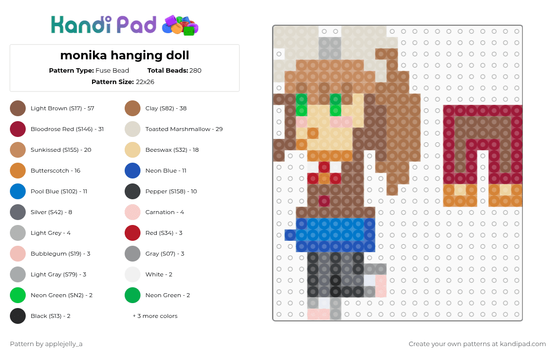 monika hanging doll - Fuse Bead Pattern by applejelly_a on Kandi Pad - tan,beige,red,ddlc,monkiaddlc,lilmonix3,doki doki,lesbianssssss,gey,gay,bleh
