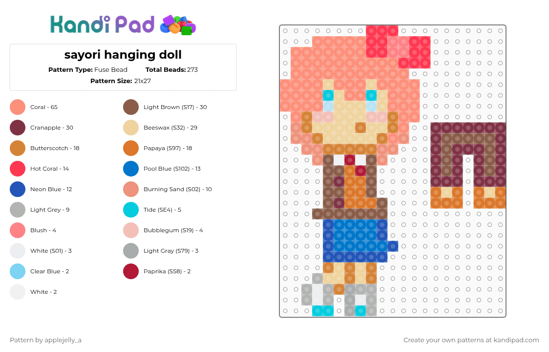sayori hanging doll - Fuse Bead Pattern by applejelly_a on Kandi Pad - orange,beige,tan,brown,ddlc,doki doki,lesbian,i gentaly open the door,rope swing,wlw,gay gay homosexual gay,weird kid