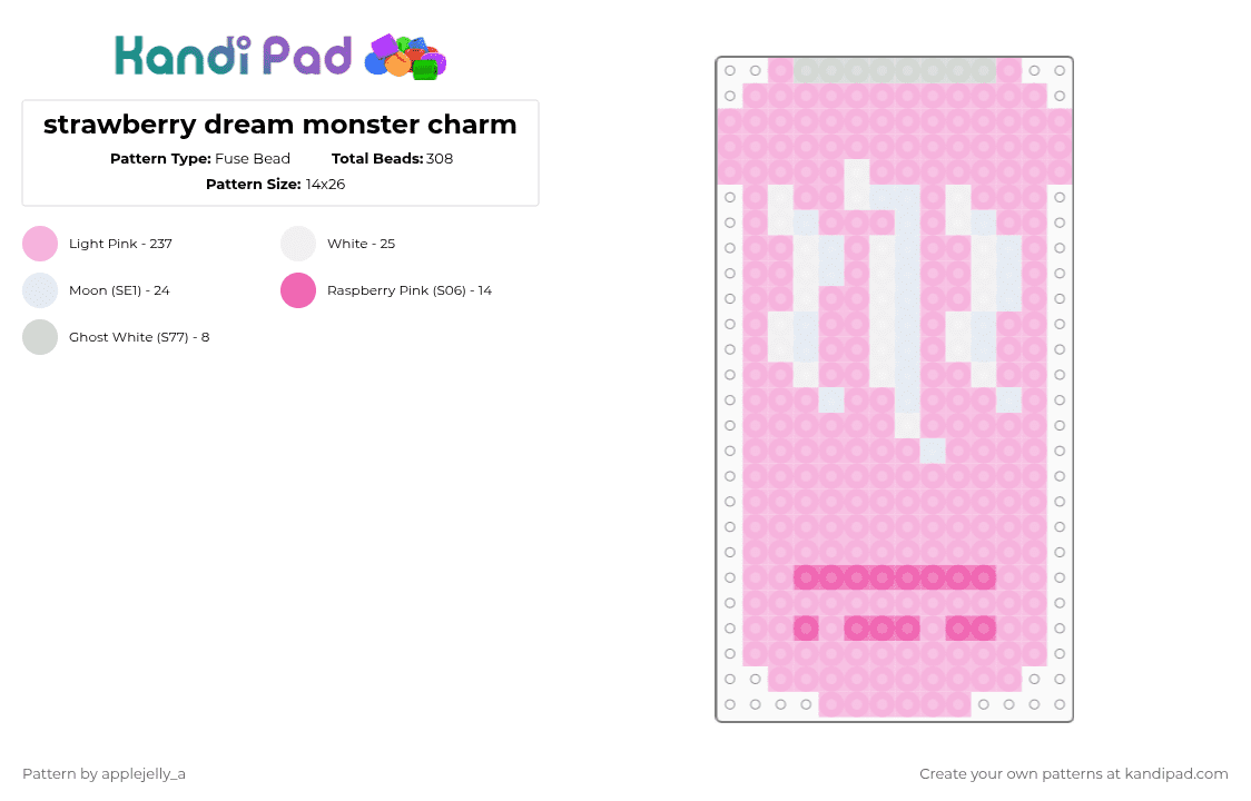 strawberry dream monster charm - Fuse Bead Pattern by applejelly_a on Kandi Pad - pink,cutecore,coqette,monster,bfdi,furry,charm,silly,strawberry