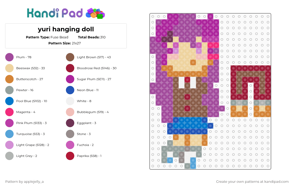 yuri hanging doll - Fuse Bead Pattern by applejelly_a on Kandi Pad - beige,pink,tan,doki doki,ddlc,yuri,lesbian,yuski,natskrui,stabby stab stab,oh nour im bleeding out