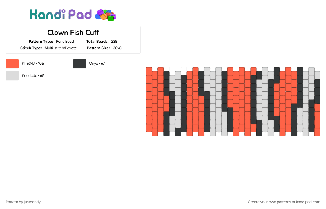 Clown Fish Cuff - Pony Bead Pattern by justdandy on Kandi Pad - cotdoceancreatures, fish, red, white