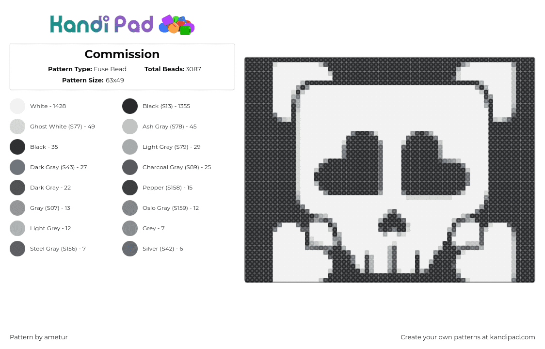 Commission - Fuse Bead Pattern by ametur on Kandi Pad - skull,crossbones,jolly roger,skeleton,spooky,hearts,eyes,halloween,black,white