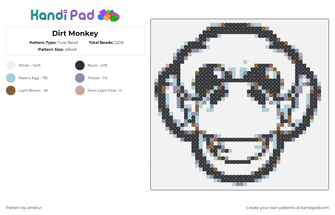 Dirt Monkey - Fuse Bead Pattern by ametur on Kandi Pad - dirt monkey,face,outline,smile,dj,edm,music,black,white