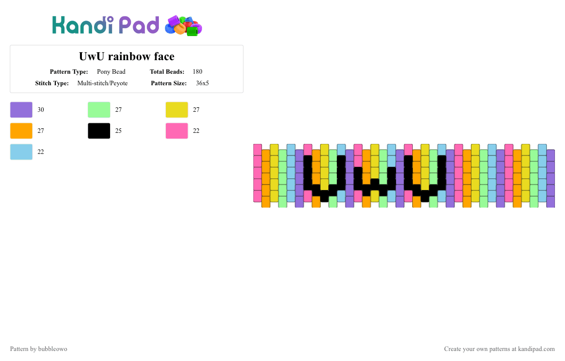 UwU rainbow face - Pony Bead Pattern by bubbleowo on Kandi Pad - emo, orange, purple, rainbow, scene, teal, uwu, yellow