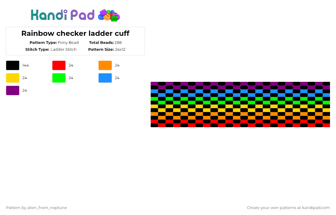 Rainbow checker ladder cuff - Pony Bead Pattern by alien_from_neptune on Kandi Pad - 
