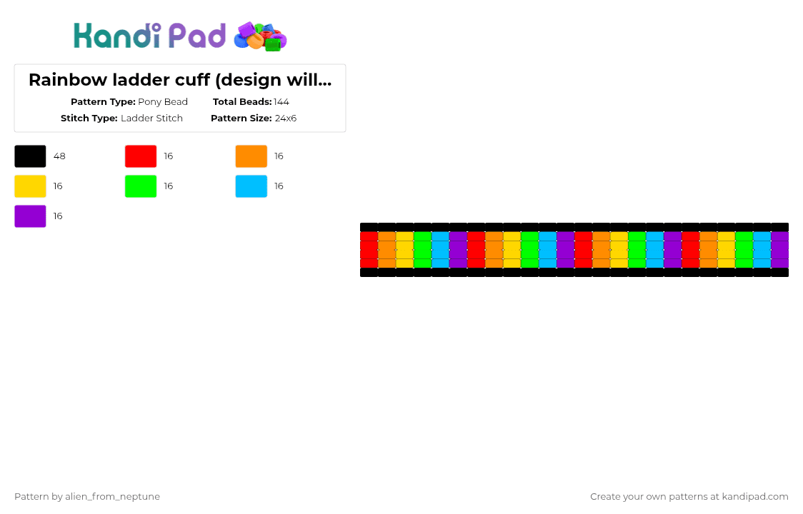 Rainbow ladder cuff (design will also work with horizontal peyote stitch) - Pony Bead Pattern by alien_from_neptune on Kandi Pad - orange,green,purple,colorful