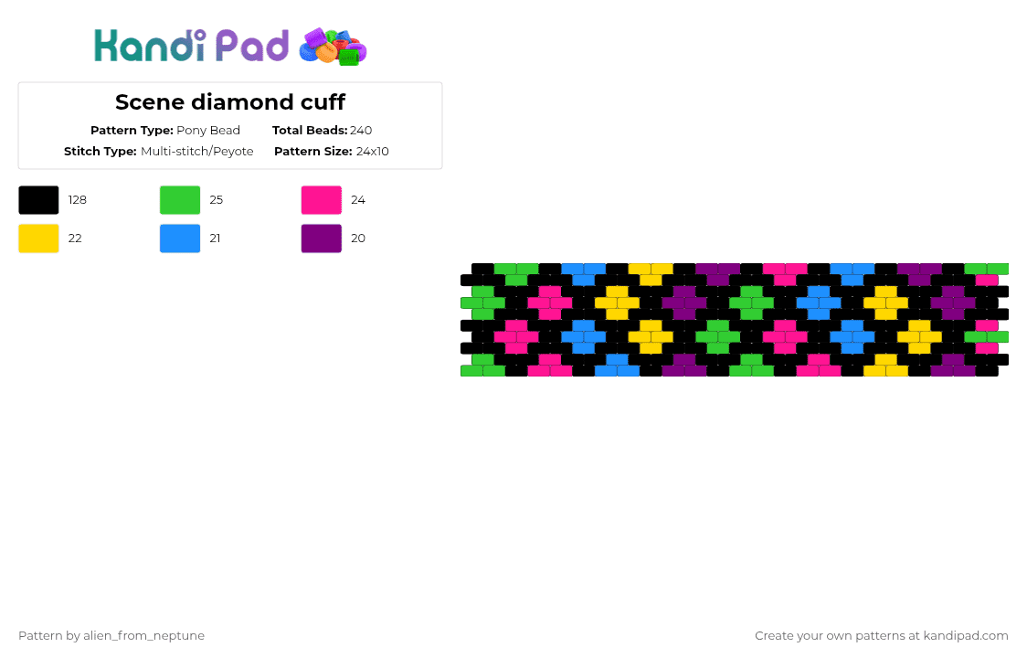 Scene diamond cuff - Pony Bead Pattern by alien_from_neptune on Kandi Pad - black,pink