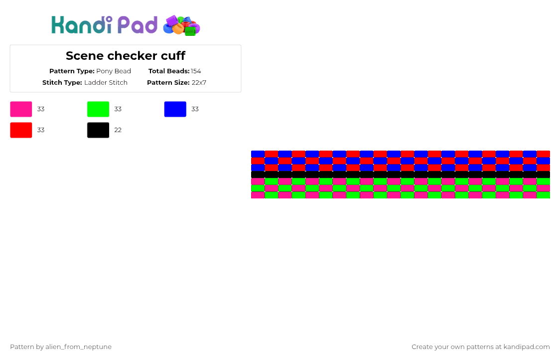 Scene checker cuff - Pony Bead Pattern by alien_from_neptune on Kandi Pad - pink,green,purple,red