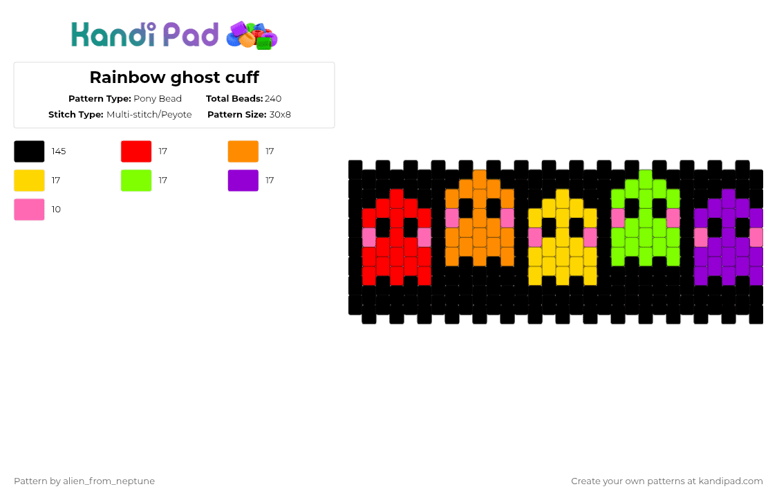 Rainbow ghost cuff - Pony Bead Pattern by alien_from_neptune on Kandi Pad - black,orange,green,colorful,cuff