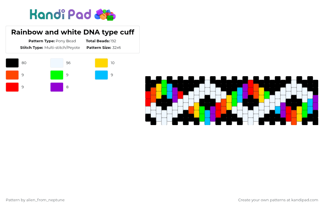 Rainbow and white DNA type cuff - Pony Bead Pattern by alien_from_neptune on Kandi Pad - white,red,rainbow,cuff,vertical,dna