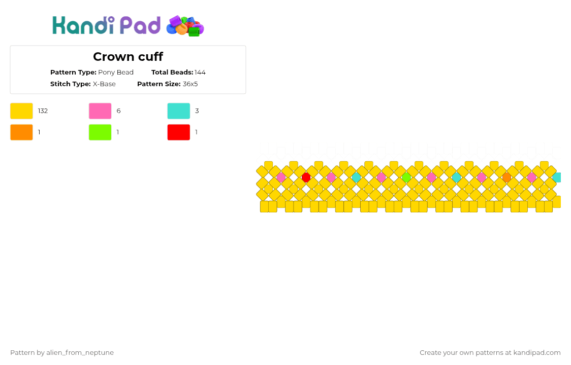 Crown cuff - Pony Bead Pattern by alien_from_neptune on Kandi Pad - yellow,cuff,crown