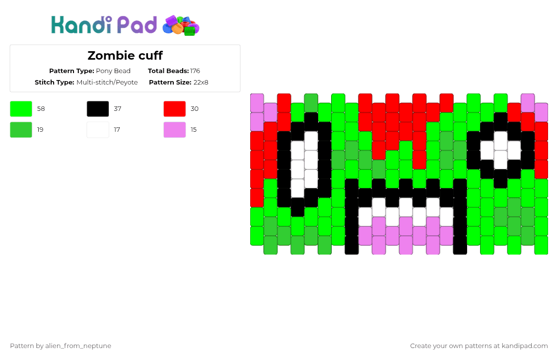 Zombie cuff - Pony Bead Pattern by alien_from_neptune on Kandi Pad - green,zombie,horror