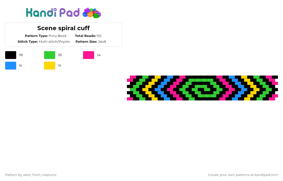 Scene spiral cuff - Pony Bead Pattern by alien_from_neptune on Kandi Pad - black,green,pink