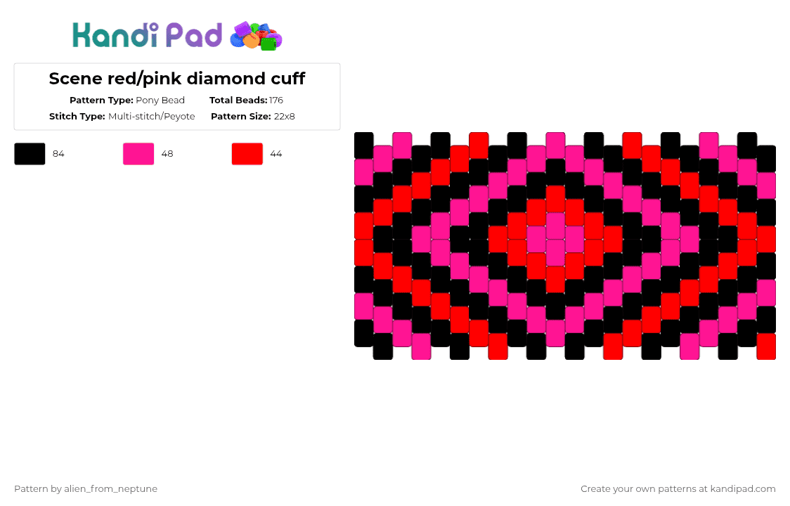 Scene red/pink diamond cuff - Pony Bead Pattern by alien_from_neptune on Kandi Pad - red,pink