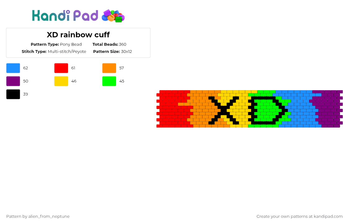 XD rainbow cuff - Pony Bead Pattern by alien_from_neptune on Kandi Pad - 