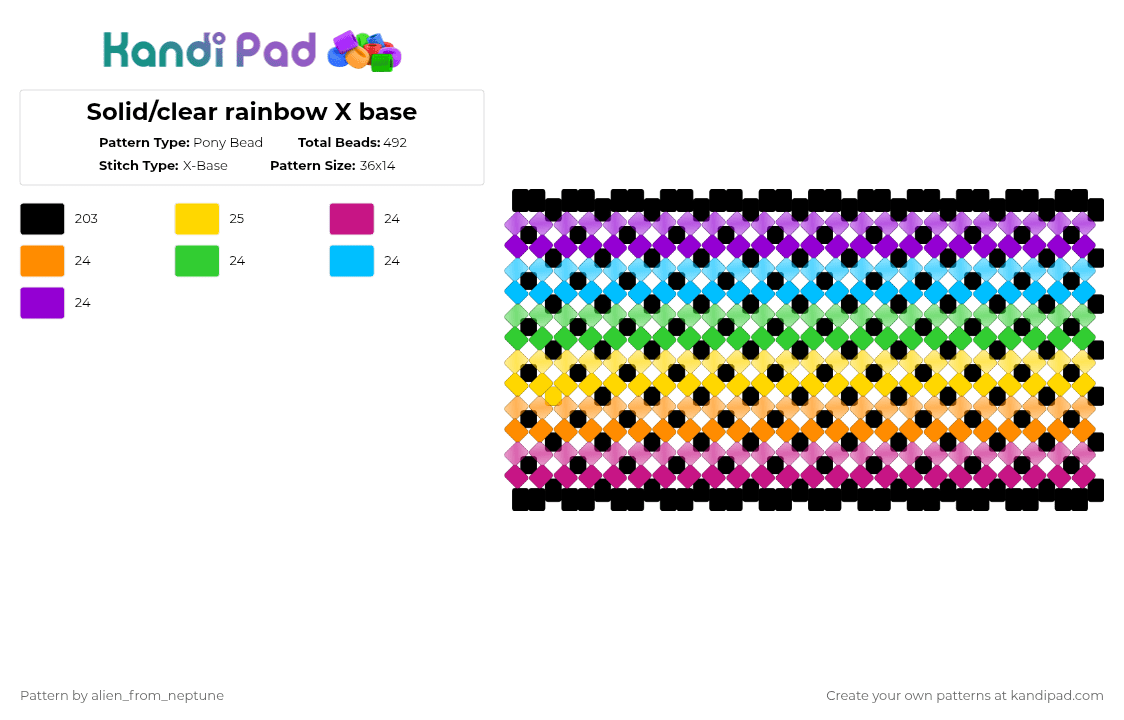 Solid/clear rainbow X base - Pony Bead Pattern by alien_from_neptune on Kandi Pad - orange,green,purple,colorful,rainbow,x base,cuff