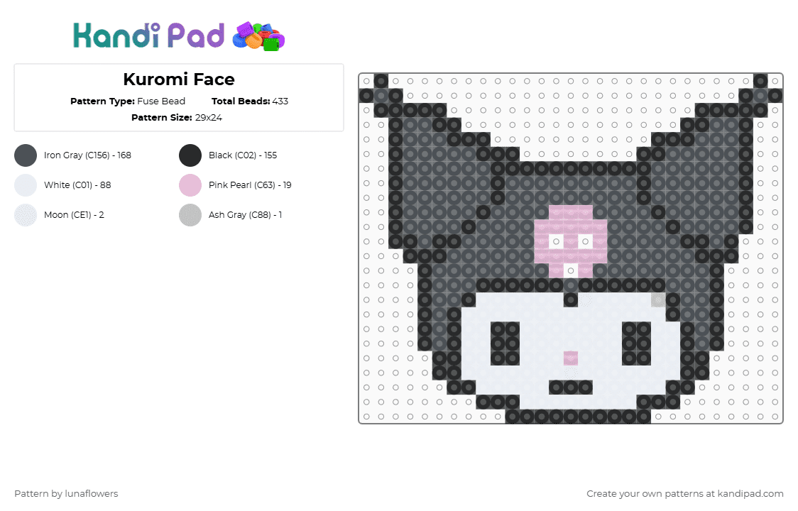 Kuromi Face - Fuse Bead Pattern by lunaflowers on Kandi Pad - character,hello kitty,purple,kuromi,sanrio