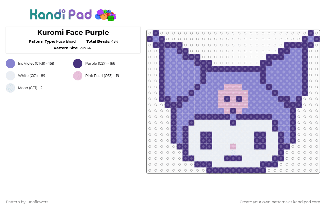 Kuromi Face Purple - Fuse Bead Pattern by lunaflowers on Kandi Pad - purple,blue,kuromi,sanrio,purplekuromi