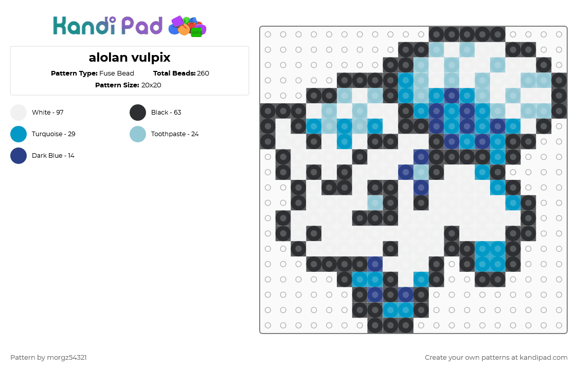 alolan vulpix - Fuse Bead Pattern by morgz54321 on Kandi Pad - white,light blue