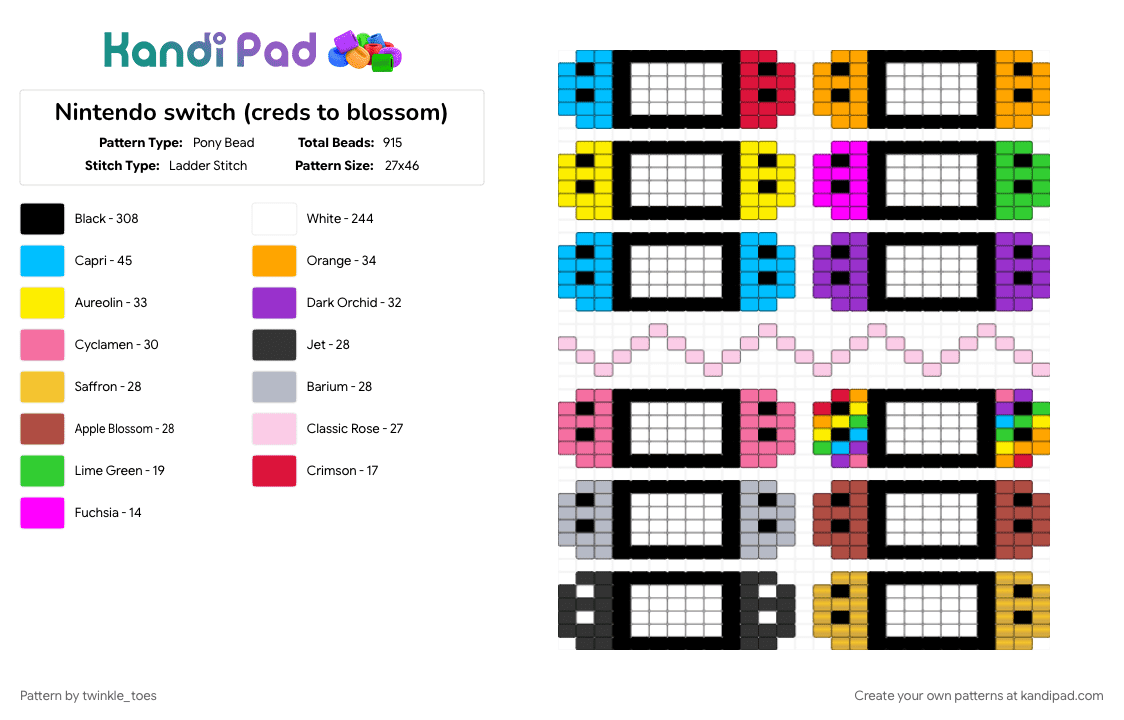 Nintendo switch (creds to blossom) - Pony Bead Pattern by twinkle_toes on Kandi Pad - colorful, pink, white, yellow